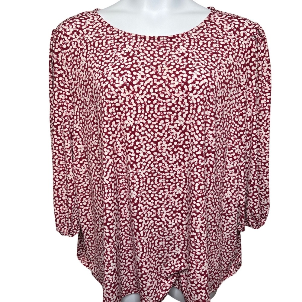 ADRIANNA PAPELL Burgundy Red Dot Blouse 3X 3/4 Sleeve Flowy Officewear Casual